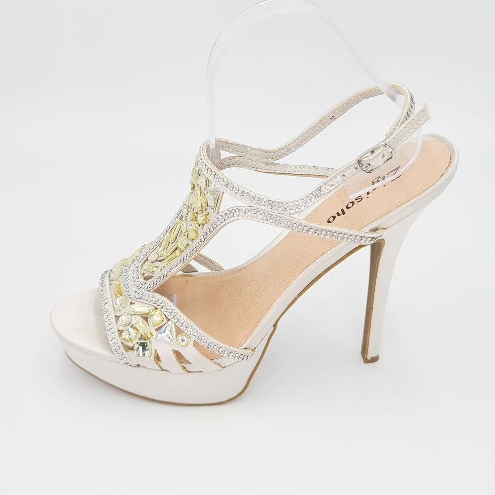 Zigi Soho Sandals SUNELLE Silver Satin Crystal Rhinestone Jeweled Heels Size 10